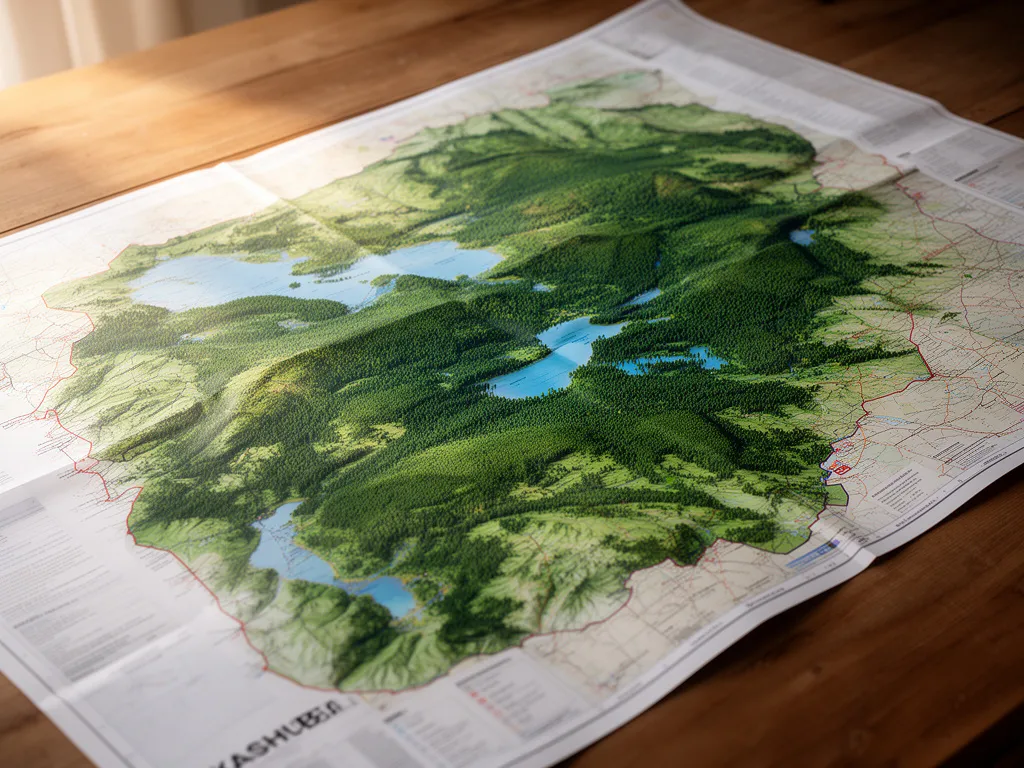 Szczegółowa kaszuby mapa turystyczna z zaznaczonymi jeziorami, szlakami i atrakcjami regionu