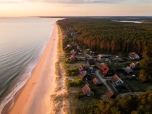 Kąty Rybackie noclegi - widok na plażę i Mierzeję Wiślaną z lotu ptaka, idealne miejsce na wypoczynek nad morzem