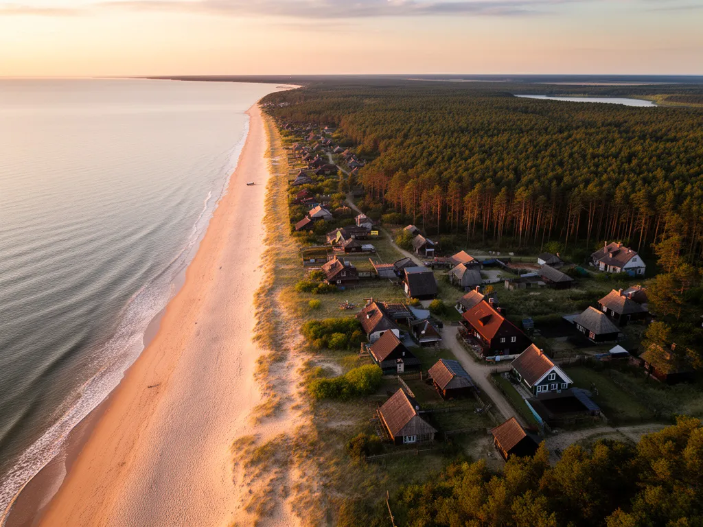 Kąty Rybackie noclegi - widok na plażę i Mierzeję Wiślaną z lotu ptaka, idealne miejsce na wypoczynek nad morzem