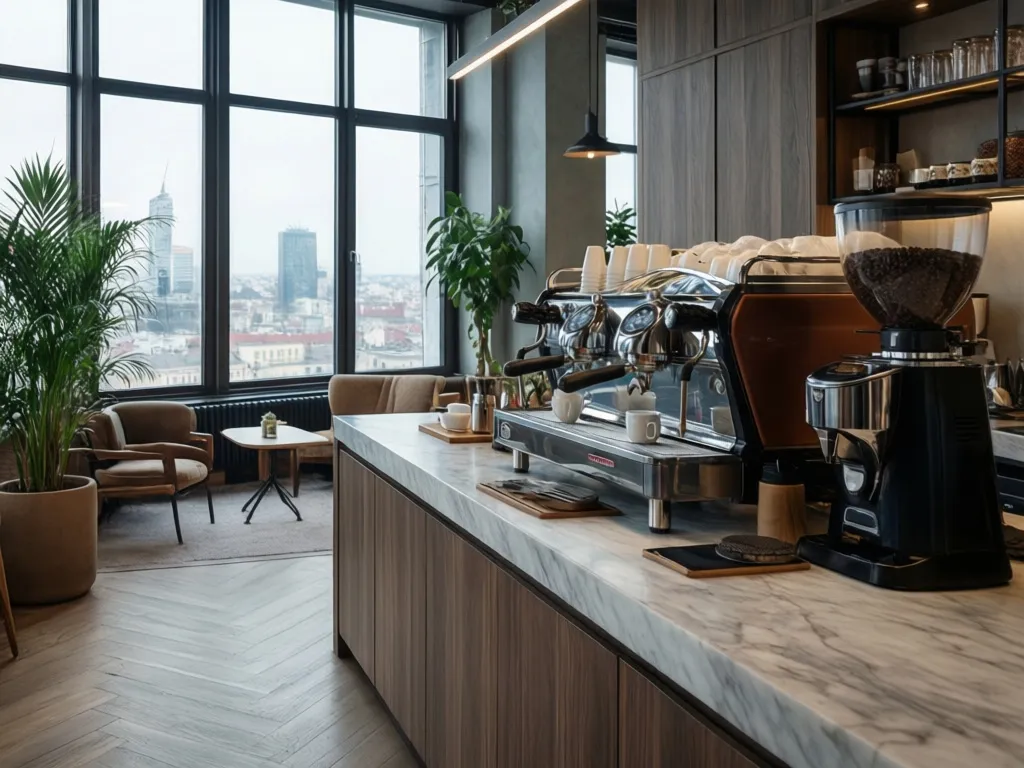 Nowoczesne wnętrze kawiarni w Warszawie z profesjonalnym ekspresem do kawy specialty coffee