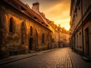Ulica w historycznej dzielnicy Kazimierz Kraków z widokiem na zabytkową architekturę i brukowane uliczki