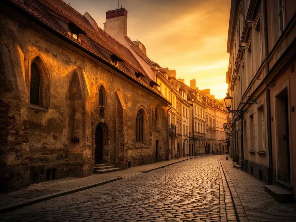 Ulica w historycznej dzielnicy Kazimierz Kraków z widokiem na zabytkową architekturę i brukowane uliczki