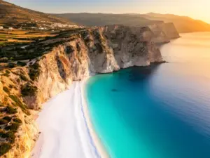 Plaża Myrtos na Kefalonia - idealne miejsce na wakacje z turkusową wodą i białymi kamykami otoczone klifami