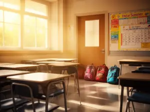 Pusta klasa szkolna pod koniec lata symbolizująca moment kiedy kończą się wakacje i zbliża się nowy rok szkolny