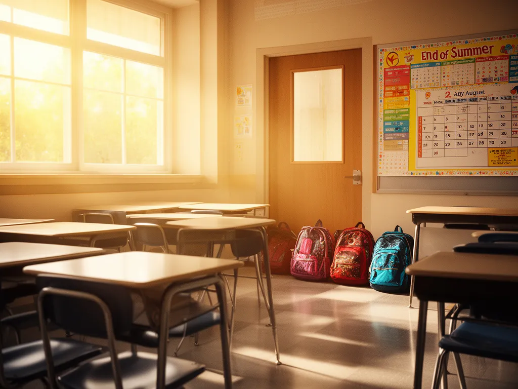 Pusta klasa szkolna pod koniec lata symbolizująca moment kiedy kończą się wakacje i zbliża się nowy rok szkolny
