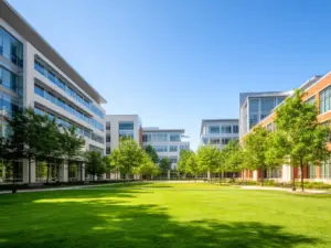 Pusty kampus uniwersytecki latem pokazujący kiedy studenci mają wakacje i odpoczywają od zajęć