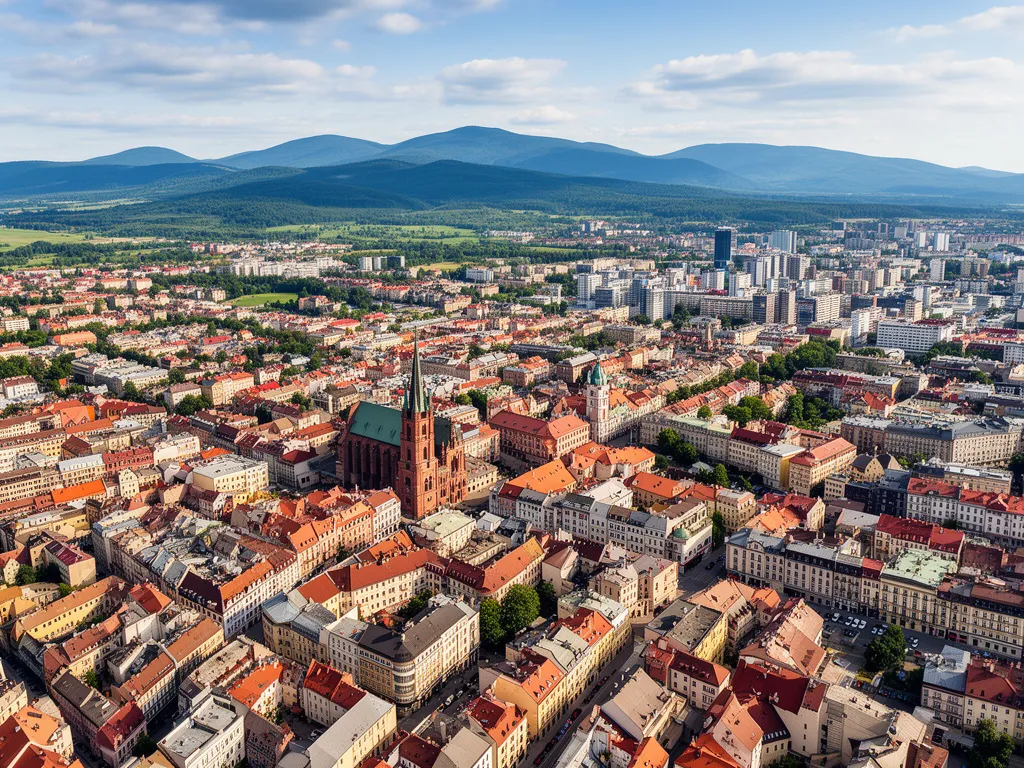 Widok na centrum Kielc z lotu ptaka – kielce mapa przedstawiająca układ miasta i okoliczne Góry Świętokrzyskie