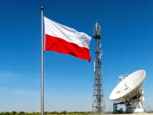 Flaga Polski i wieża telekomunikacyjna symbolizujące międzynarodowy kierunkowy do Polski +48 i połączenia telefoniczne