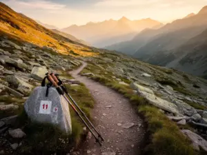 Kijki trekkingowe oparte o kamień szlakowy na górskiej ścieżce w Alpach podczas zachodu słońca