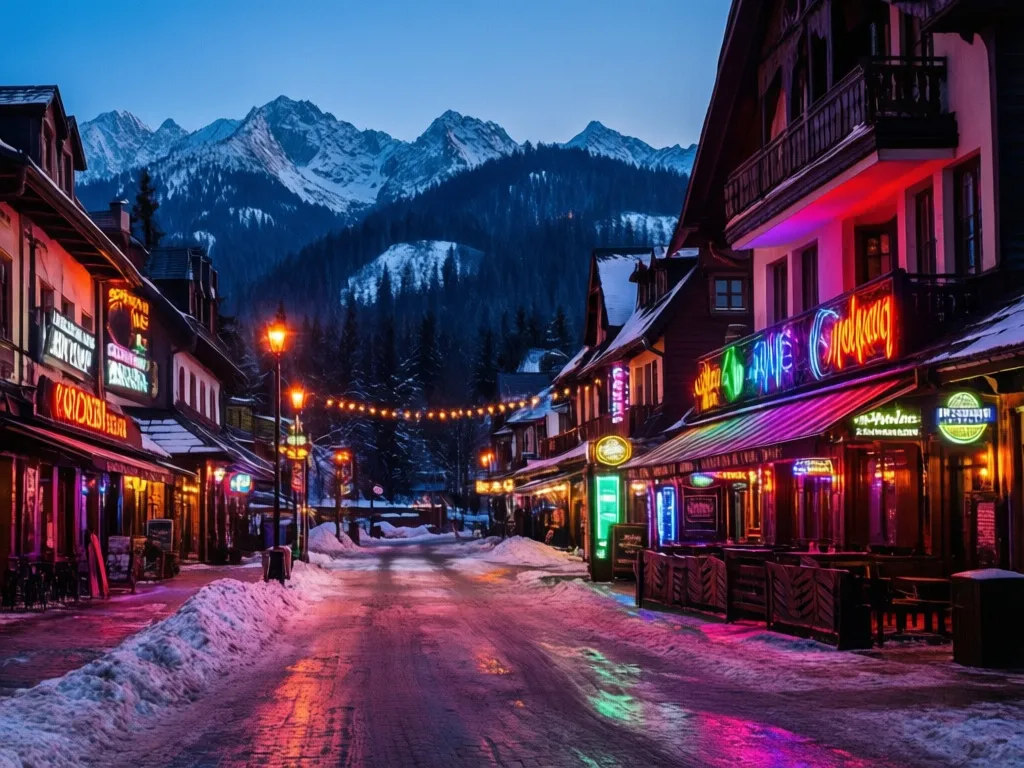 Kluby Zakopane - nocne życie w centrum górskiego kurortu z widokiem na Tatry i świecące neony lokali rozrywkowych