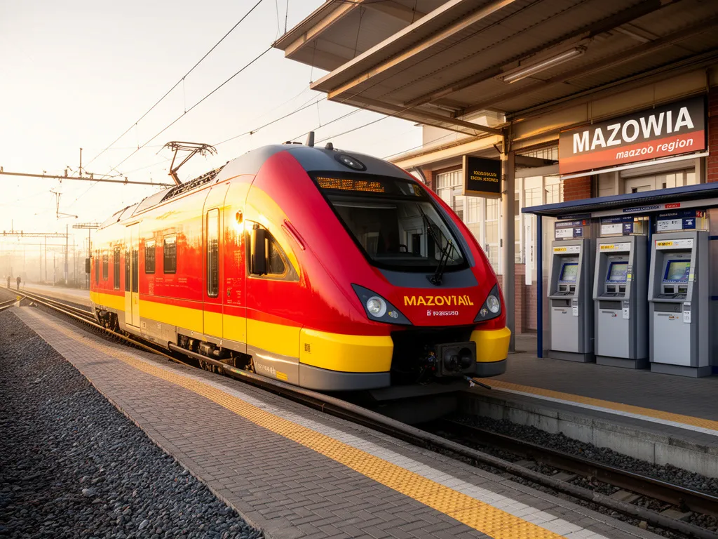 Koleje mazowieckie bilety - pociąg regionalny na stacji z biletomatami w tle