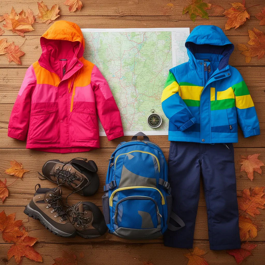 Kombinezon dla dzieci wraz z akcesoriami outdoorowymi na drewnianym tle z jesiennymi liśćmi