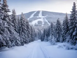 Zimowy krajobraz górski ze szlakiem leśnym – idealne warunki do testowania kominiarka dla dzieci podczas aktywności outdoor