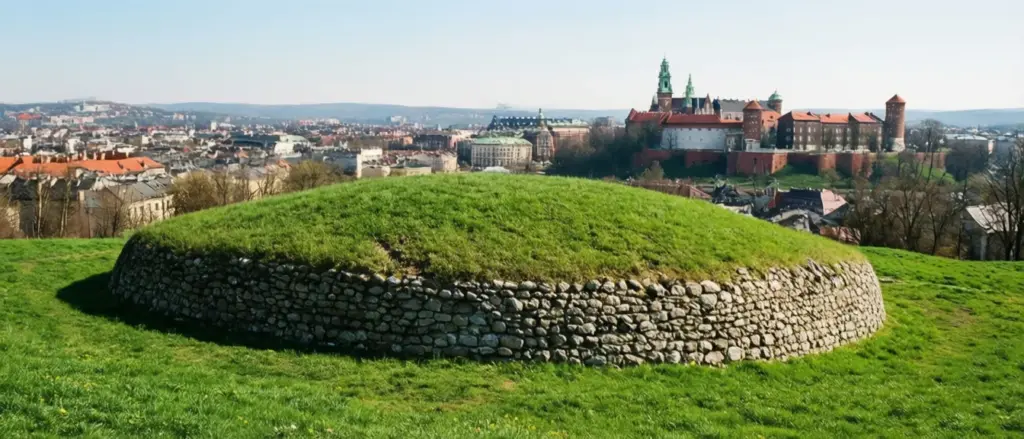 Kopiec Krakusa Kraków – widok na zielone wzgórze z historycznym kurhanem i panoramą miasta w tle
