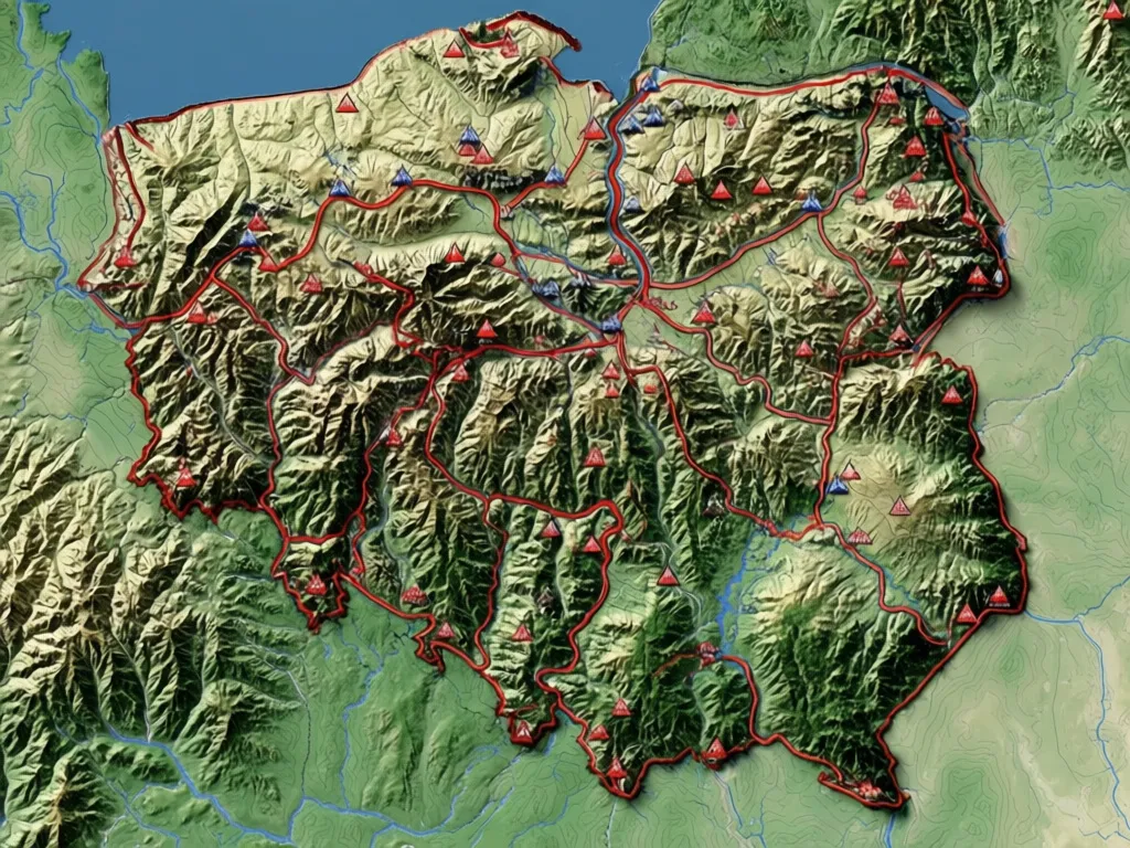 Korona gór polskich mapa przedstawiająca rozmieszczenie 28 szczytów do zdobycia w ramach turystycznego wyzwania