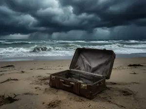 Koszmarne wakacje - porzucona walizka na plaży podczas burzy symbolizująca nieudany urlop