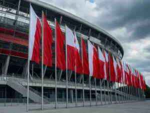 Stadion narodowy z flagami Polski – miejsce gdzie kibice noszą koszulkę polską podczas meczów reprezentacji