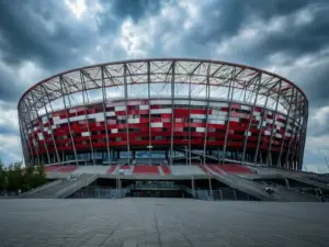 Stadion narodowy w barwach biało-czerwonych symbolizujący koszulkę reprezentacji Polski dla kibiców