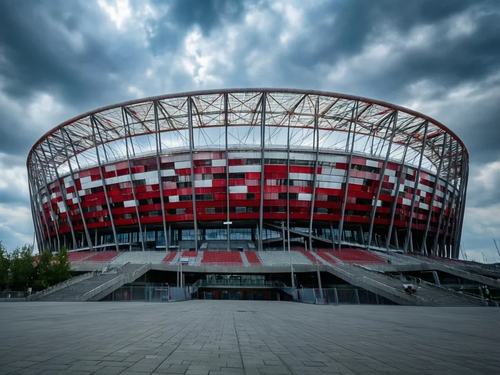 Stadion narodowy w barwach biało-czerwonych symbolizujący koszulkę reprezentacji Polski dla kibiców