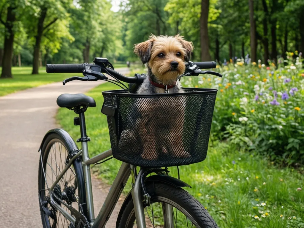 Koszyk dla psa na rower zamontowany na kierownicy roweru, bezpieczny transport małego psa podczas przejażdżki rowerowej