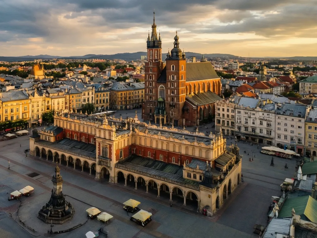 Kraków atrakcje - widok na Rynek Główny z Sukiennicami i Bazyliką Mariacką w tle, główne zabytki miasta