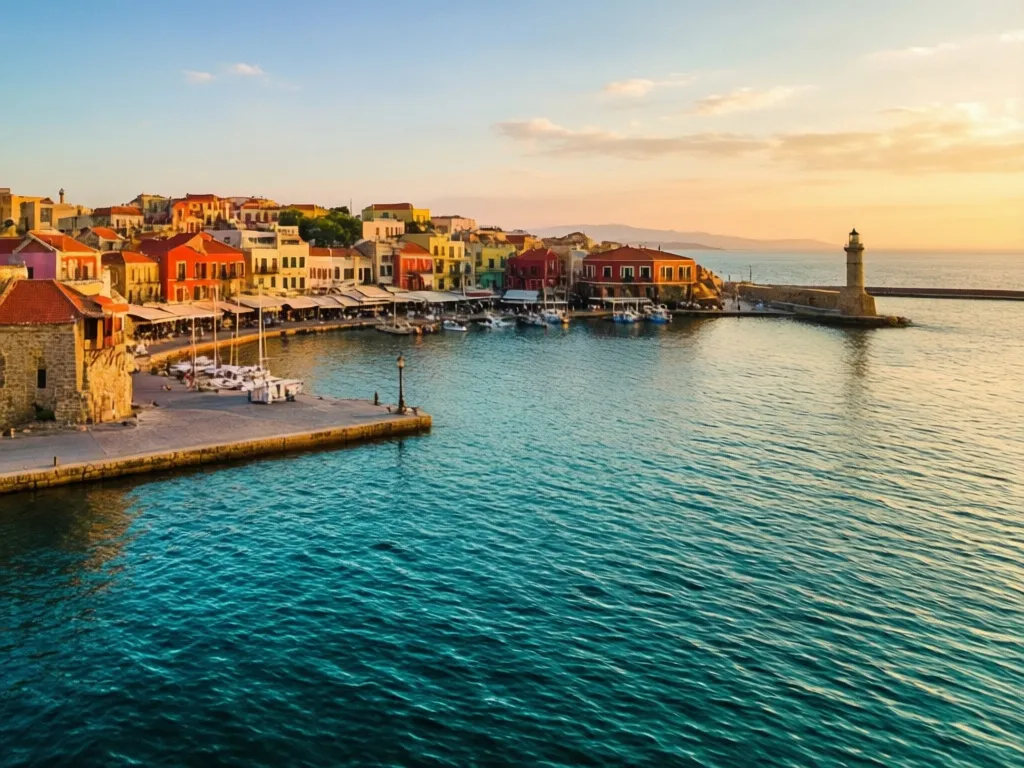 Wenecki port w Chanii z kolorowymi kamienicami i latarnią morską - idealne miejsce na Kreta Chania wakacje