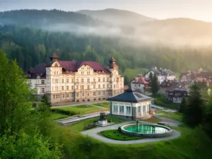 Krynica Zdrój sanatorium - widok na uzdrowiskowe budynki na tle Beskidu Sądeckiego