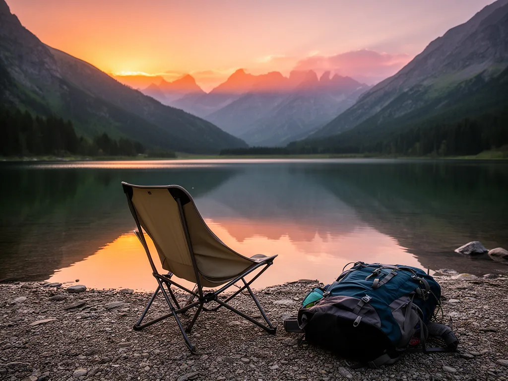 Krzesło turystyczne rozłożone nad górskim jeziorem podczas wyprawy w Tatry