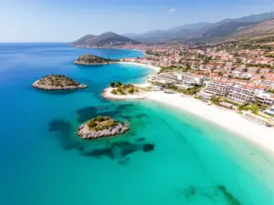 Plaża w Ksamil Albania z turkusową wodą i białym piaskiem – idealne miejsce na wakacje ksamil albania all inclusive