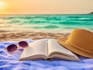 Książki na wakacje – lektura na plaży z widokiem na morze i zachodzące słońce, idealna atmosfera letniego wypoczynku