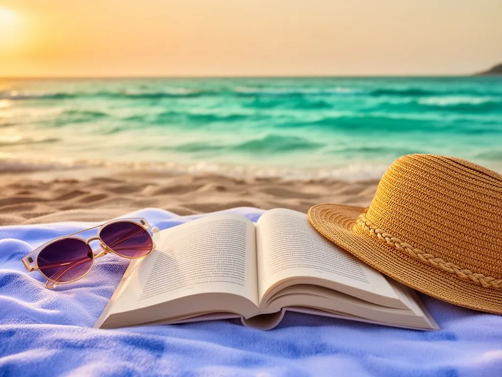Książki na wakacje – lektura na plaży z widokiem na morze i zachodzące słońce, idealna atmosfera letniego wypoczynku