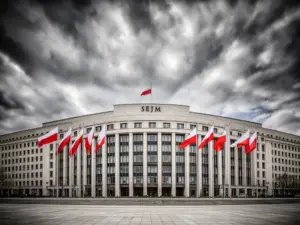 Budynek Sejmu RP z flagami - symbol polskich wyborów parlamentarnych, kto wygra wybory 2026 zależy od nastrojów społecznych