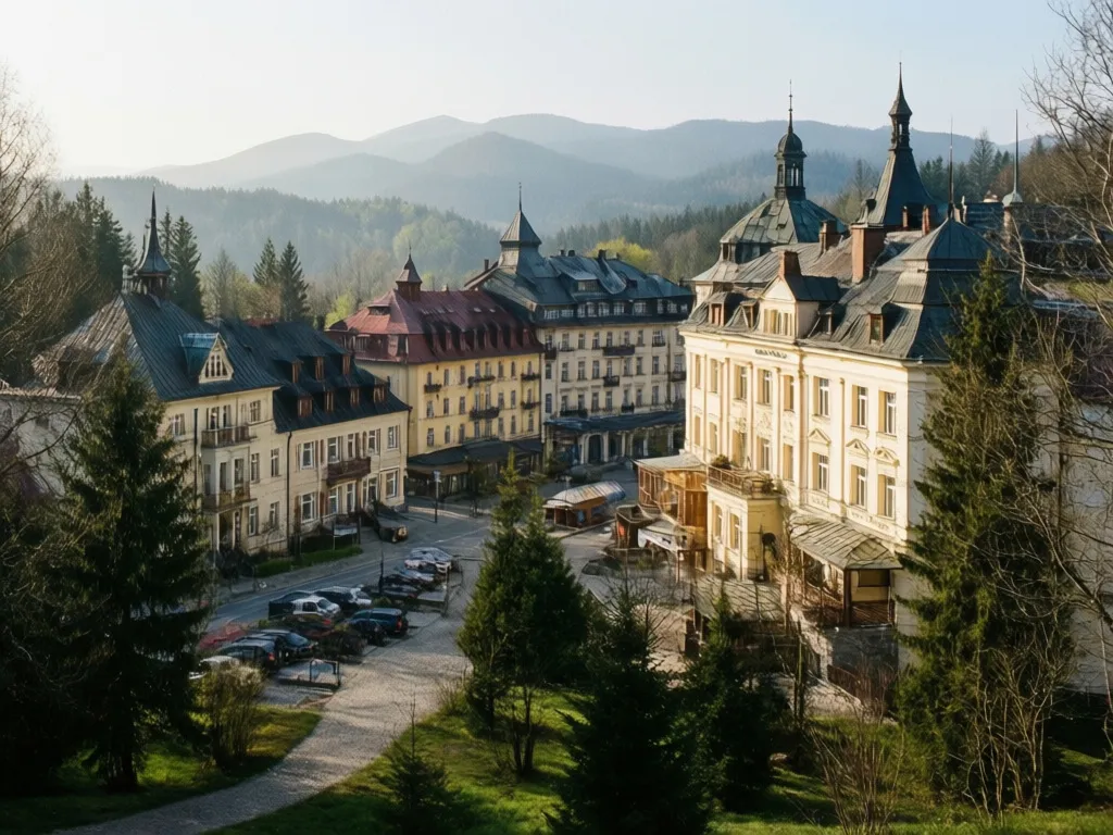 Kudowa Zdrój noclegi - widok na uzdrowisko w Kotlinie Kłodzkiej z historycznymi budynkami spa