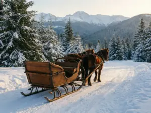 Kulig Zakopane - sanie zaprzężone w konie na ośnieżonym szlaku w Tatrach zimą