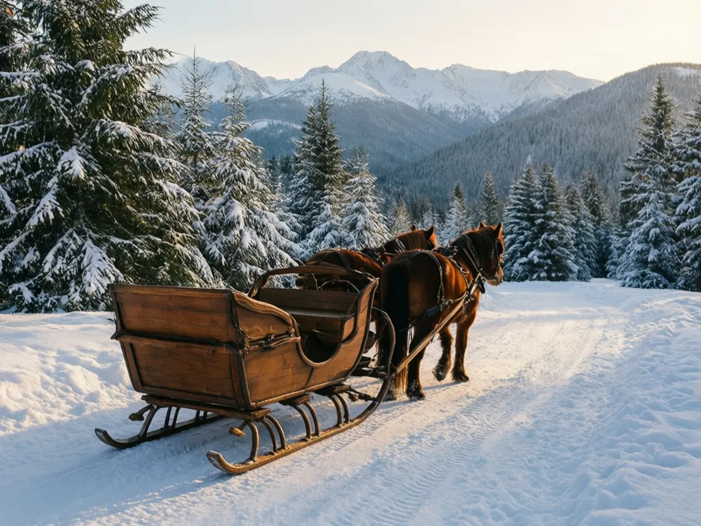 Kulig Zakopane - sanie zaprzężone w konie na ośnieżonym szlaku w Tatrach zimą