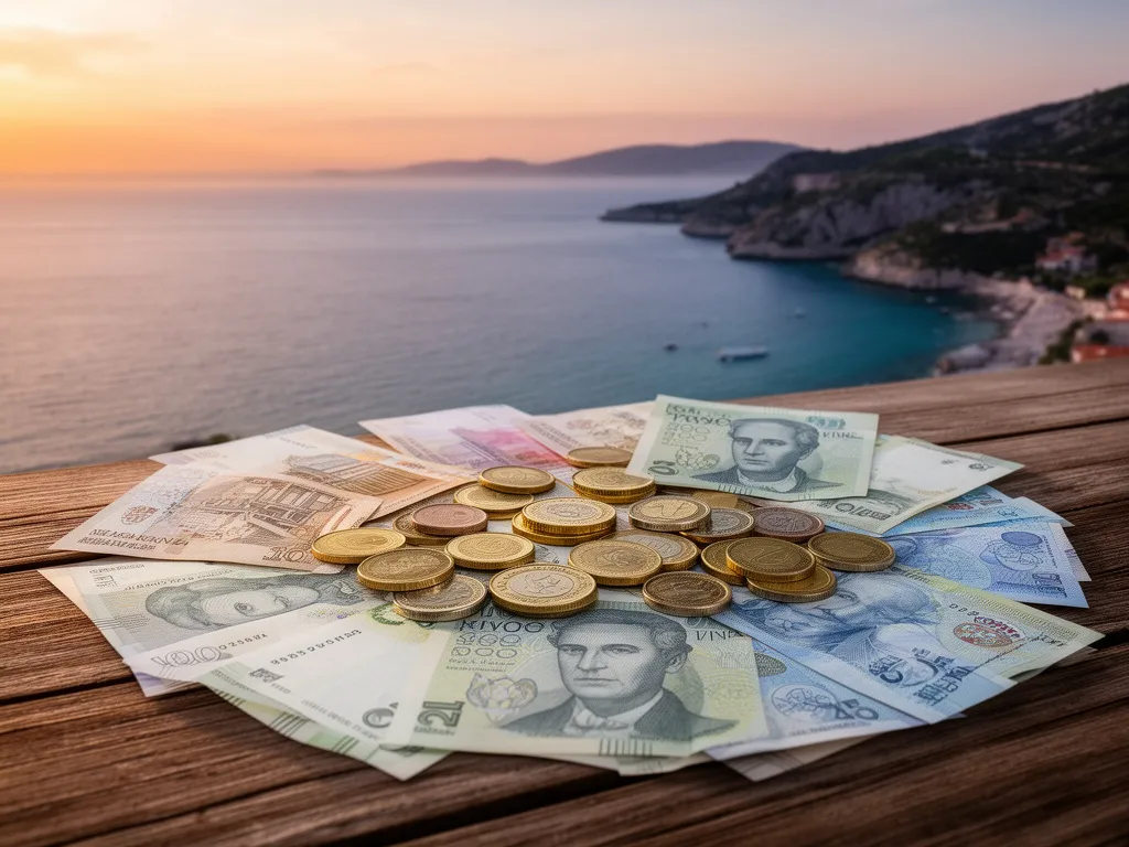 Kuna chorwacja – banknoty i monety historycznej waluty Chorwacji na tle adriatyckiego wybrzeża