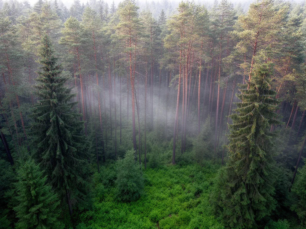 Gęste lasy Polski z wysokimi sosnami i świerkami we mgle porannej – naturalne puszcze zajmujące 30% powierzchni kraju