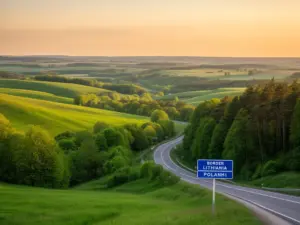 Malowniczy krajobraz graniczny litwa-polska z zielonymi wzgórzami i drogą przez las przy zachodzie słońca