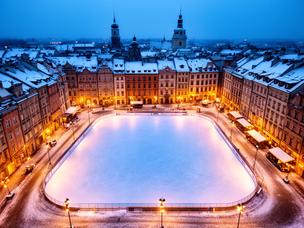 Lodowisko Kraków - widok z lotu ptaka na oświetloną taflę lodowiska w centrum miasta zimą