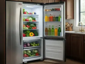 Nowoczesna lodówka po angielsku nazywana refrigerator z otwartymi drzwiami i produktami spożywczymi na półkach