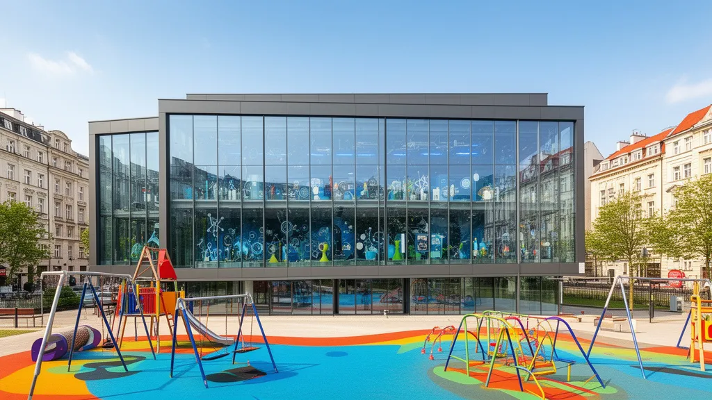 Łódź atrakcje dla dzieci - nowoczesne centrum nauki z kolorowymi zabawkami edukacyjnymi i placem zabaw