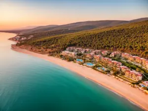 Widok na plażę i wybrzeże Morza Śródziemnego w rejonie Long Beach Resort Turcja, Incekum koło Alanyi