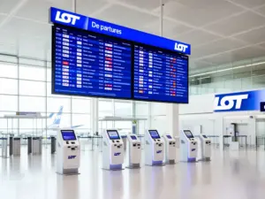 Tablica odlotów na lotnisku z systemem lot odprawa online – nowoczesny terminal z elektronicznymi kioskami