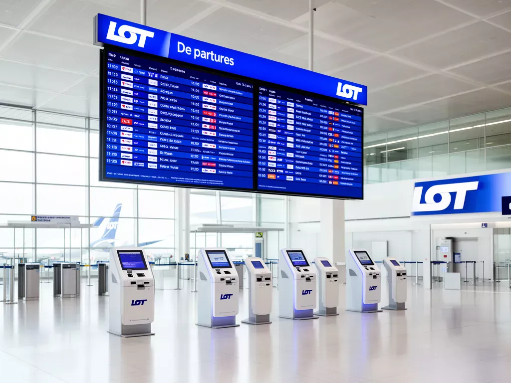 Tablica odlotów na lotnisku z systemem lot odprawa online – nowoczesny terminal z elektronicznymi kioskami