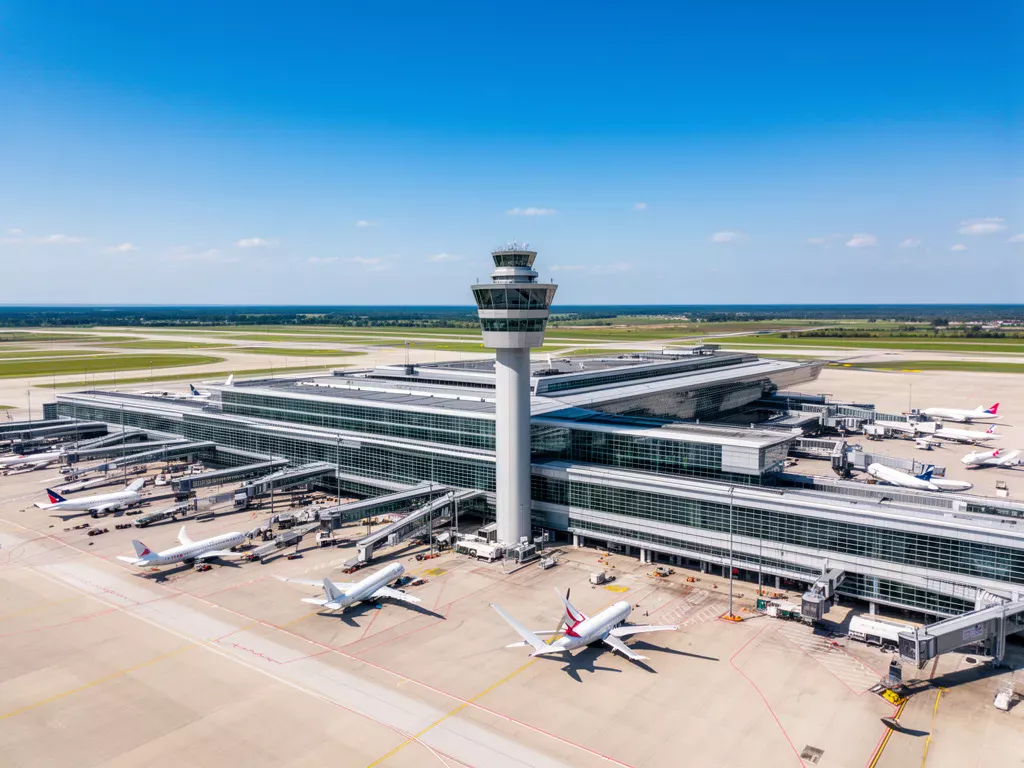 Nowoczesny terminal lotniska w Polsce z wieżą kontroli lotów i samolotami na płycie postojowej – lotniska w polsce