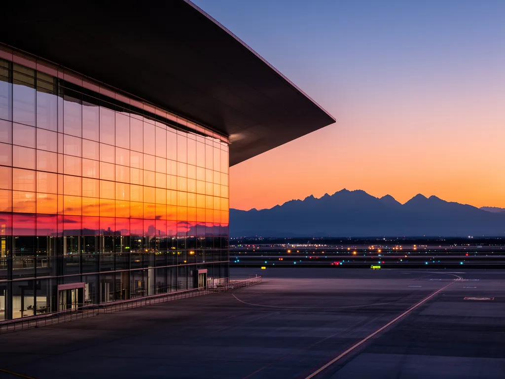 Lotnisko Kraków-Balice – widok na nowoczesny terminal pasażerski z charakterystyczną szklaną fasadą o zmierzchu
