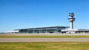 Lotnisko Warszawa-Radom z widokiem na terminal pasażerski i pas startowy