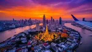Widok na Bangkok z lotu ptaka z rzeką Chao Phraya i świątyniami – loty do Bangkoku z Polski