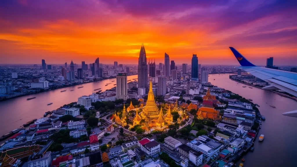 Widok na Bangkok z lotu ptaka z rzeką Chao Phraya i świątyniami – loty do Bangkoku z Polski