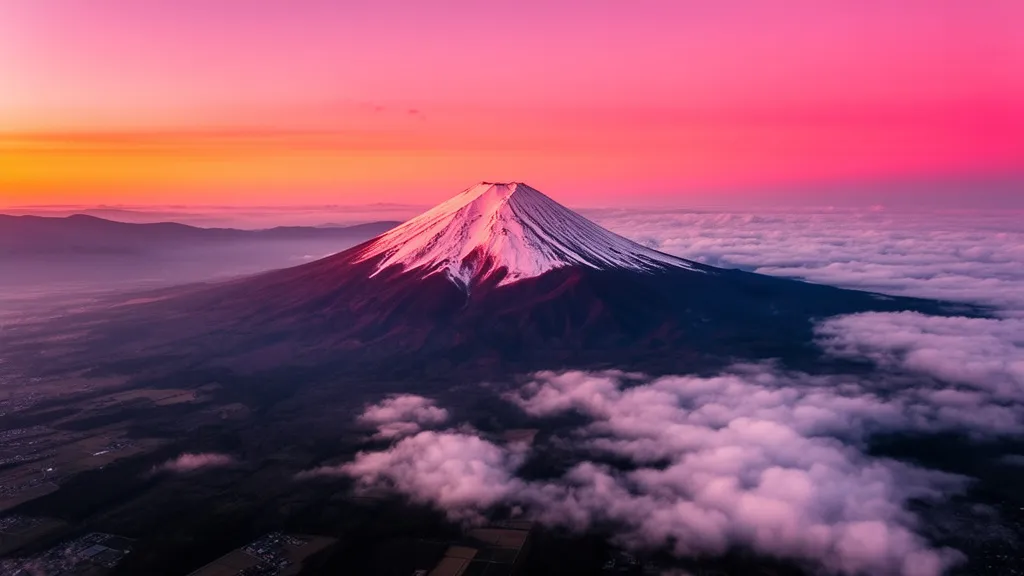 Widok na górę Fuji z lotu ptaka - popularna destynacja dla osób szukających lotów do Japonii